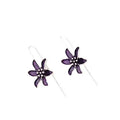 A pair of simple purple flower-shaped alloy earrings for women on a white background.