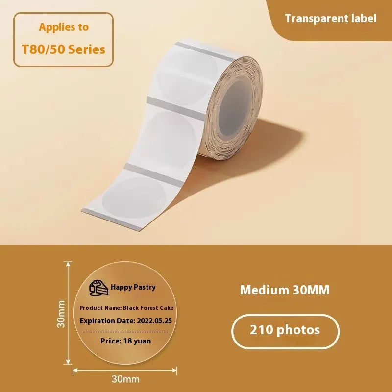 Transparent waterproof adhesive stickers in multiple rectangular and round sizes on thermal synthetic paper