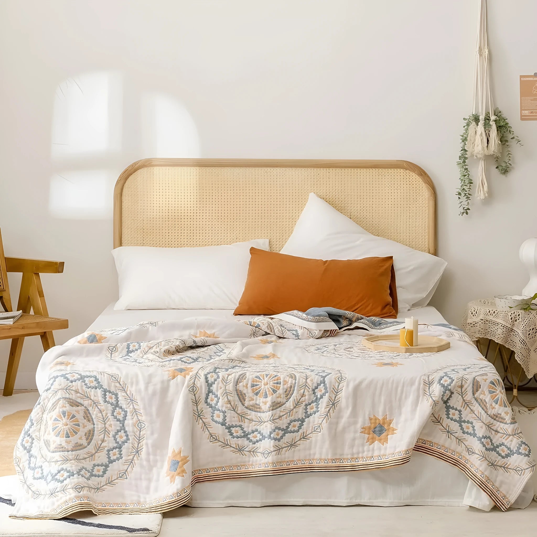 Cotton geometric pattern towel blanket shown in modern simplicity style