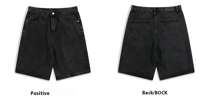 Men's light blue denim shorts showing straight leg and five-pocket design