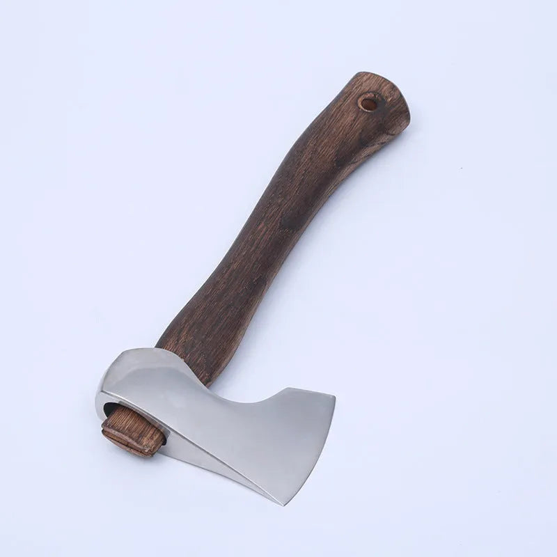 Camping axe with wooden handle and high carbon steel blade on a neutral background.