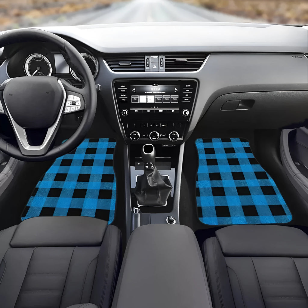 Black printed rubber car floor mat set showing front and rear pieces with textured surface.