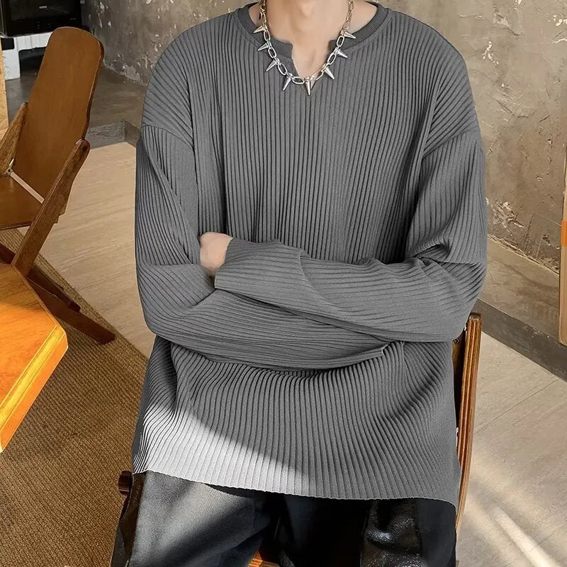 Plus size loose fit striped pullover sweater in black, grey or white.