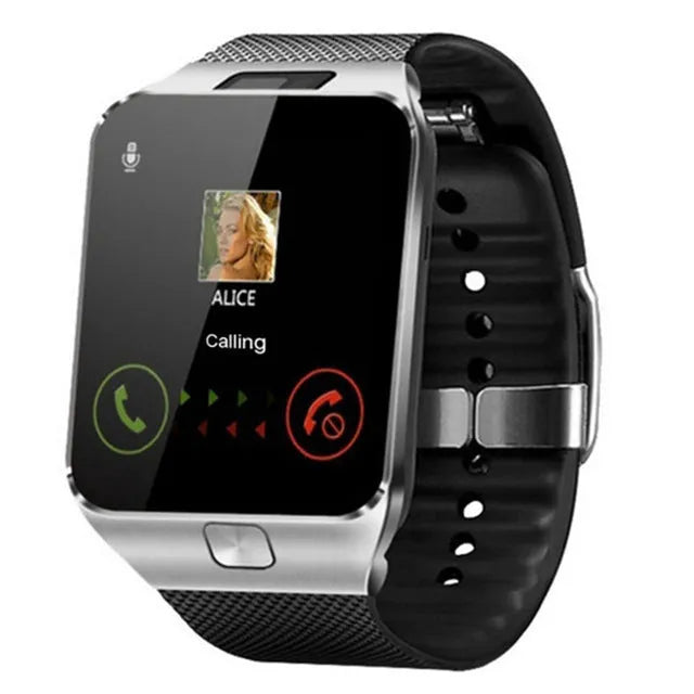 Bluetooth smart watch with 1.44-inch screen on wrist strap, shown in black, white, gold, and silver grey colour options.