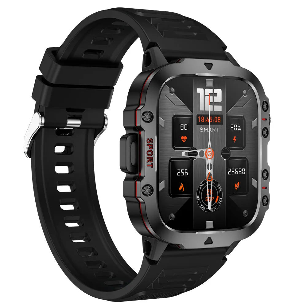 QX11 Smart Watch in black with silicone strap showing TFT touch screen displaying heart rate data.