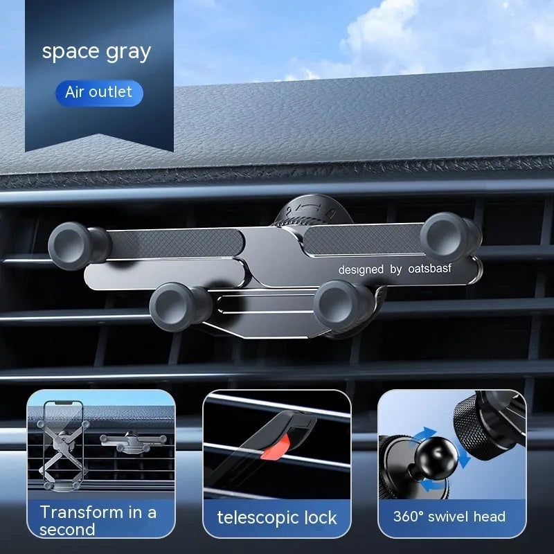 Aluminium alloy car mobile phone holder bracket showing snap-on mounting mechanism for air vent or surface installation
