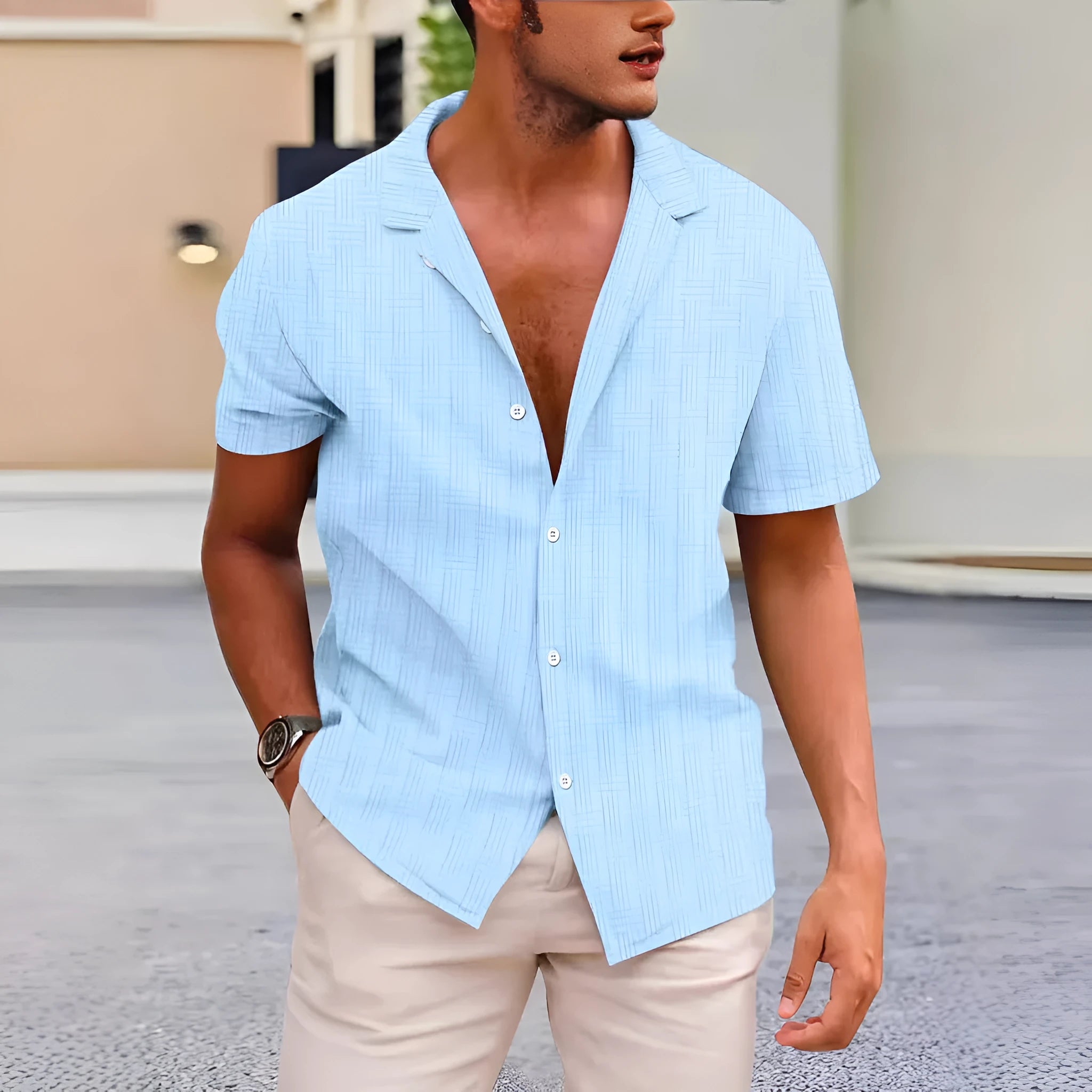 British style corduroy short sleeve shirt in solid colours on a hanger