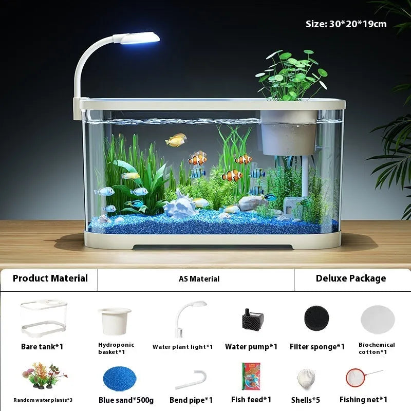 Desktop ecological fish tank in luxury black with integrated landscape filter and oxygenator.