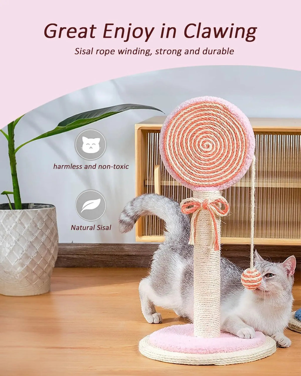 Blue cat scratching post with sisal rope and a hanging yellow ball on a sturdy square base
