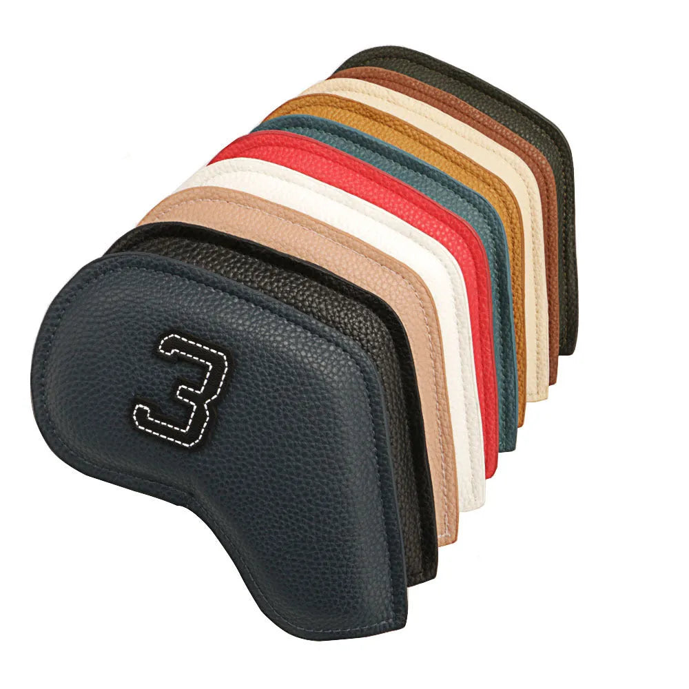 Set of 10 colourful digital printed PU golf club headcovers including ball head cover