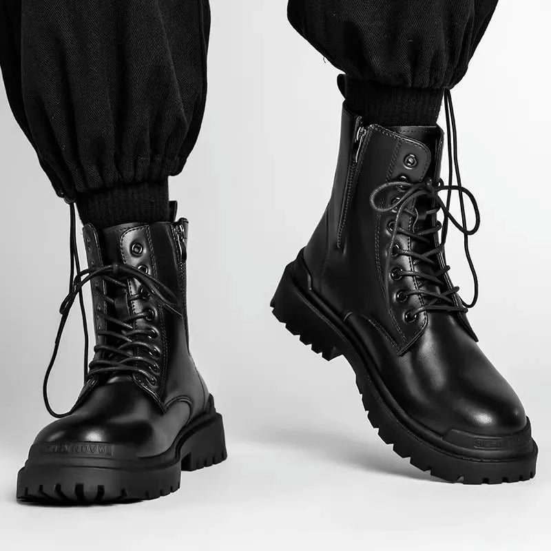Men's black mid-top tide British leather boots with a flat style and rubber sole