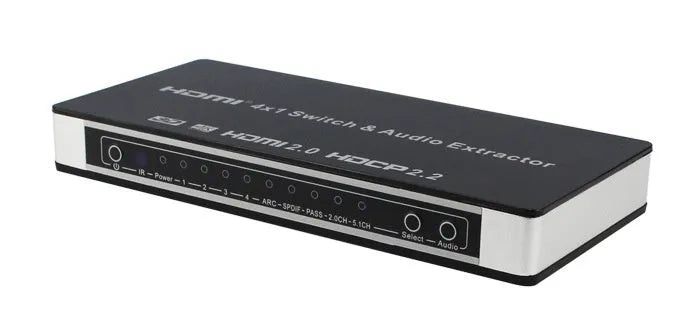 Black HDMI switch unit with four input ports, one output port, remote control, and power adapter.