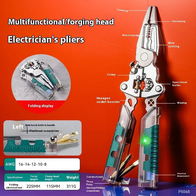 Pointed nose electrician's pliers and wire stripper tool with rust-resistant steel blades.