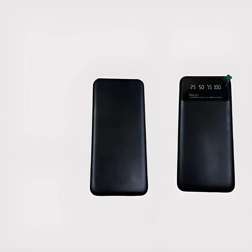 Black ultra-thin 10000mAh power bank with fast charging, showing compact 67x14x140mm dimensions