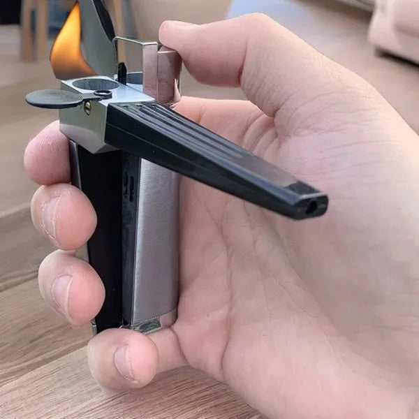 Silver and black foldable metal pipe lighter showing open and closed positions with refillable butane valve