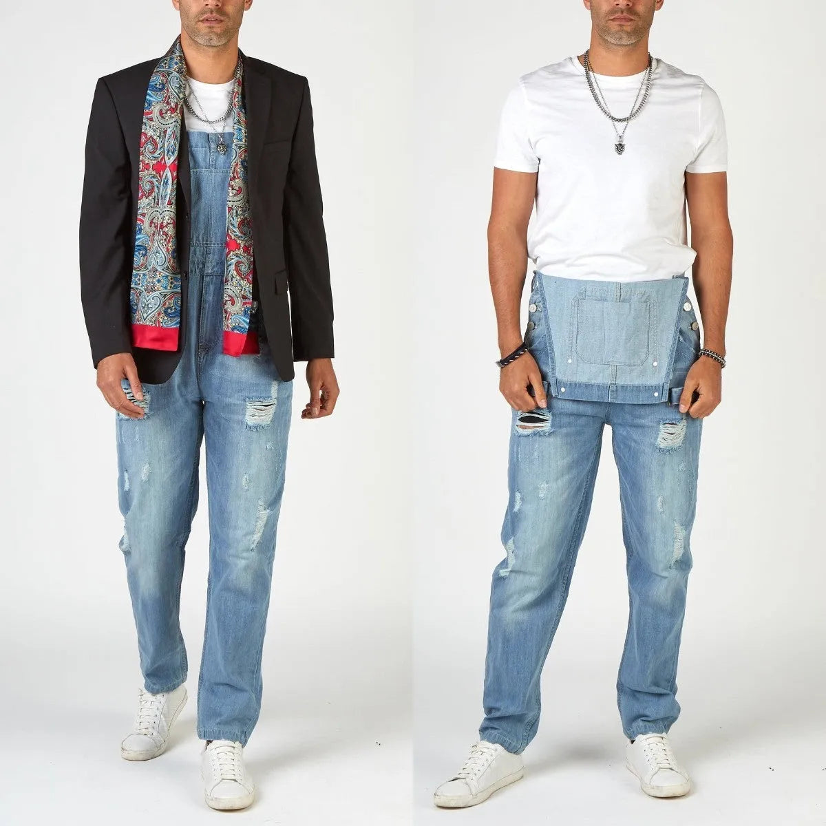 Men's light blue high-waisted suspender jeans with straight leg design and button fly closure