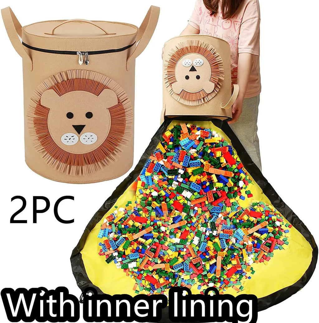 Green felt cube storage bag with pull rope, laid flat as a play mat