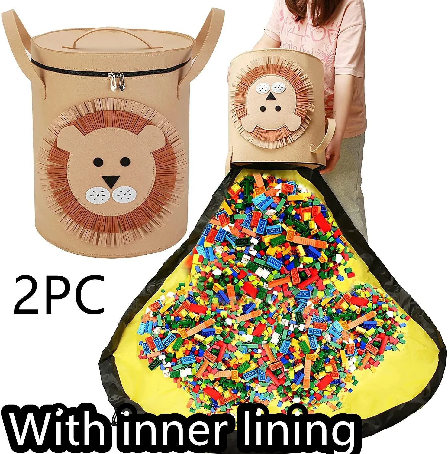 Green felt cube storage bag with pull rope, laid flat as a play mat