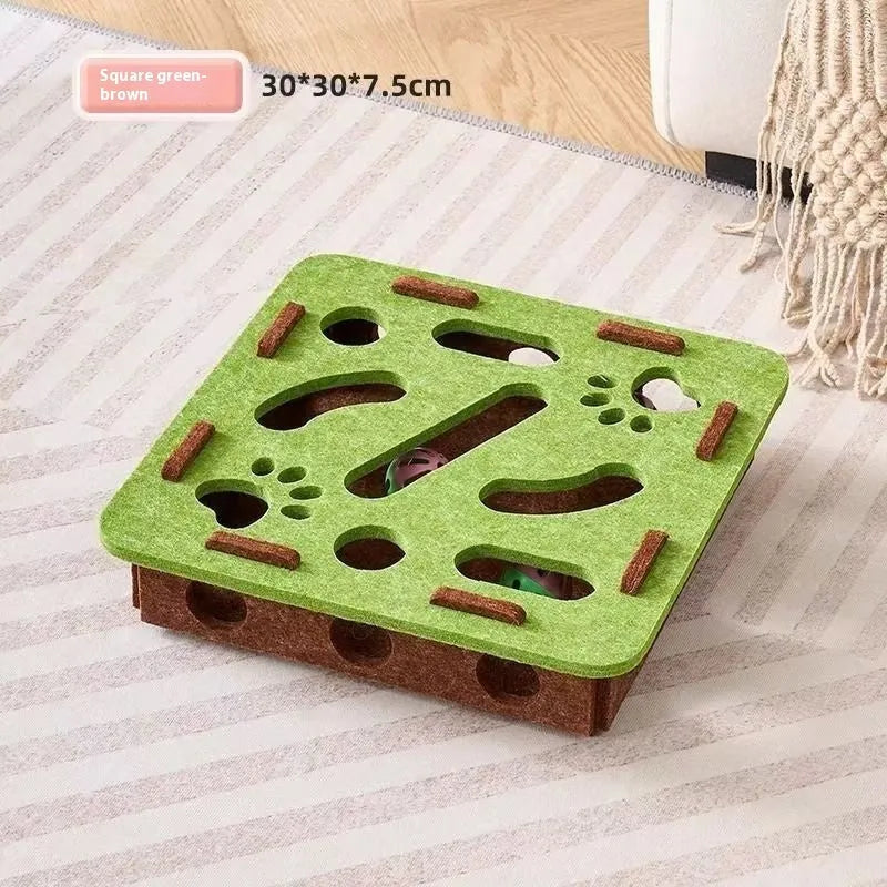 Green brown felt cat toy box with artifact hole, dimensions 30cm by 30cm.