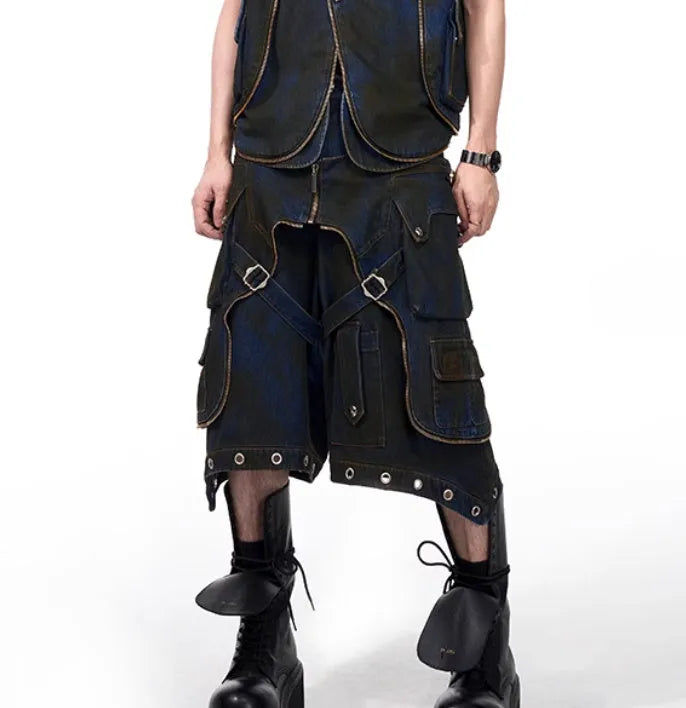 Blue hooded denim vest coat with matching trousers Korean style two-piece set