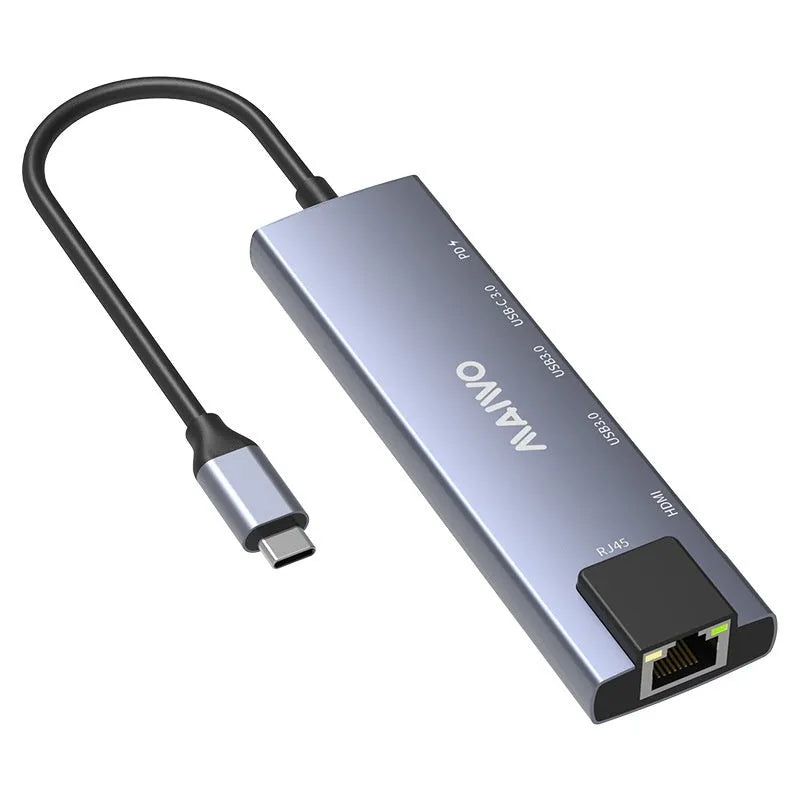 Steam Deck six-port docking station with aluminium casing and 15cm USB-C cable showing HDMI, Ethernet and USB ports