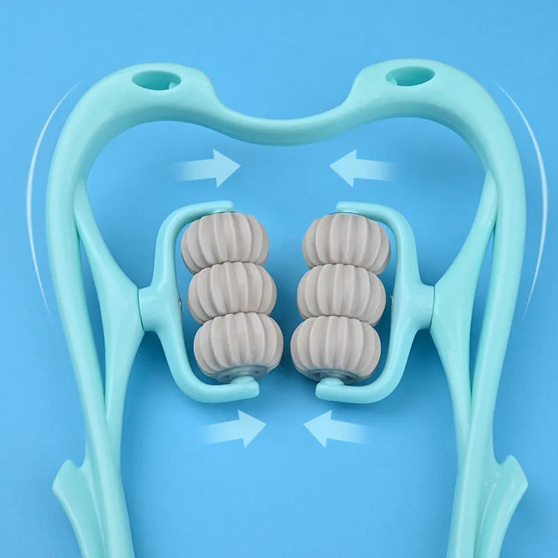 Blue plastic handheld massager with six white wheels for neck, shoulder, and waist.