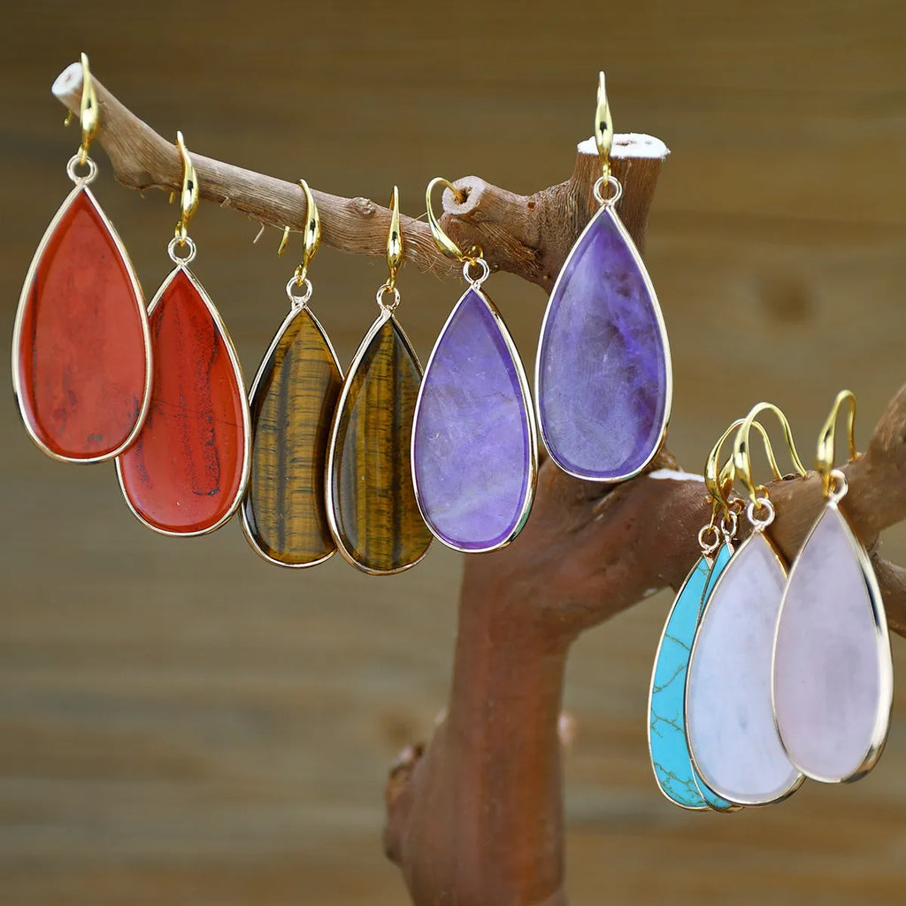 Vintage stone drop earrings with water droplet texture in tigereye, amethyst, or pink crystal colours