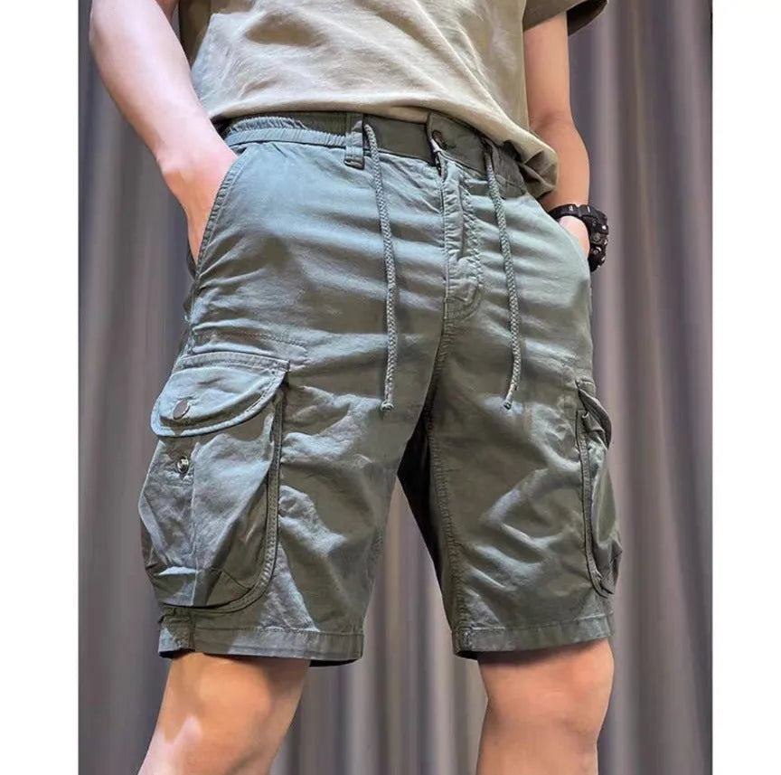 Men's loose straight-leg casual overalls with multiple pockets in khaki colour showing front and side views