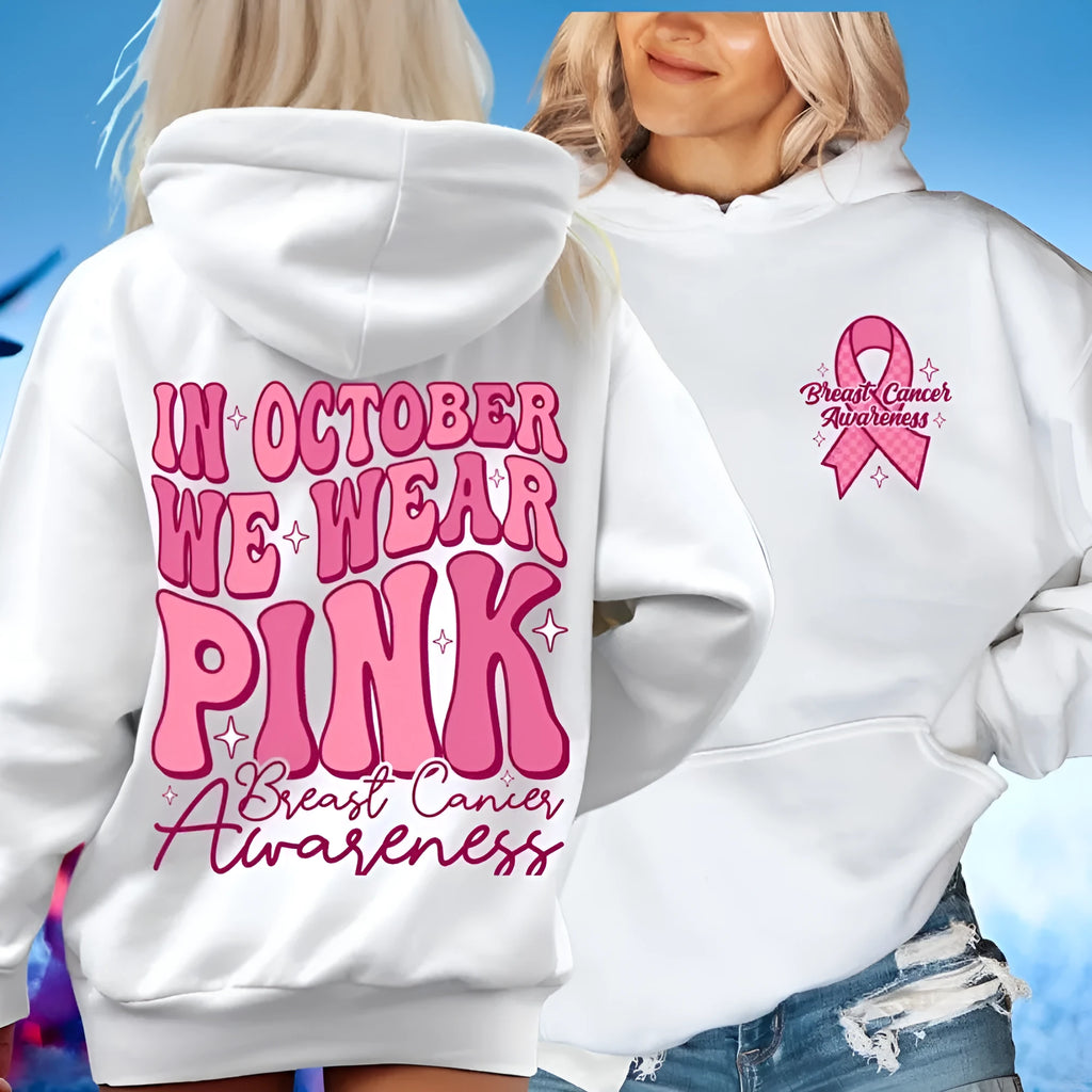 Pink Breast Cancer Awareness pullover hoodie with retro art print and side seam pocket.