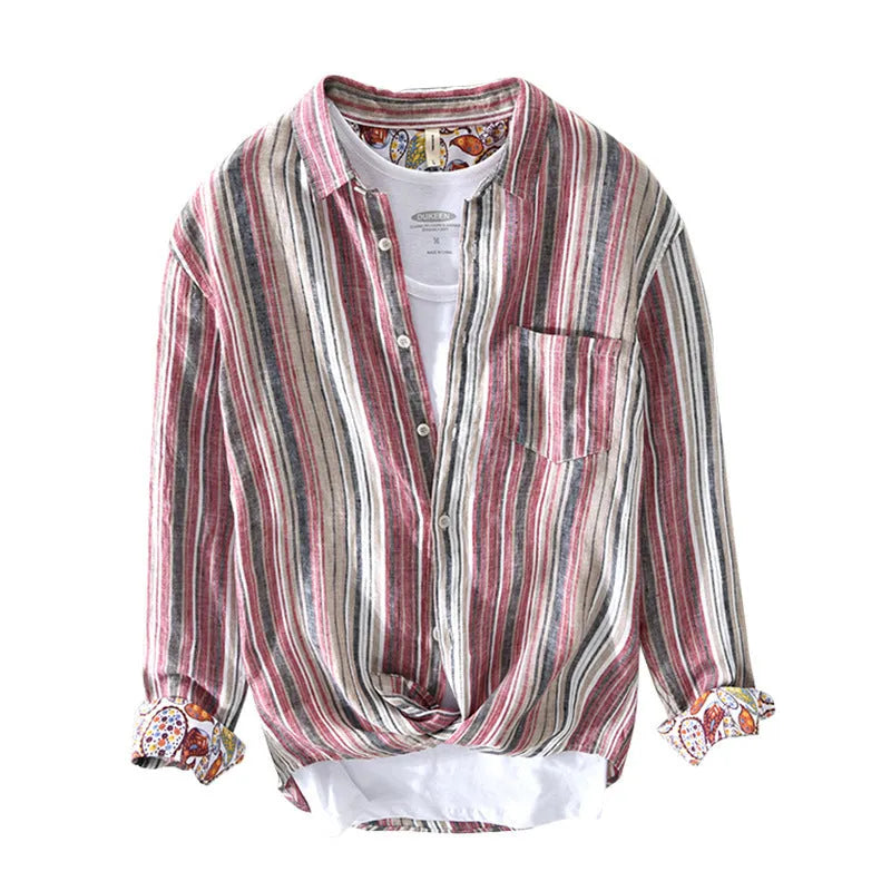 Man wearing a loose-fit red and grey striped linen long-sleeve casual shirt.