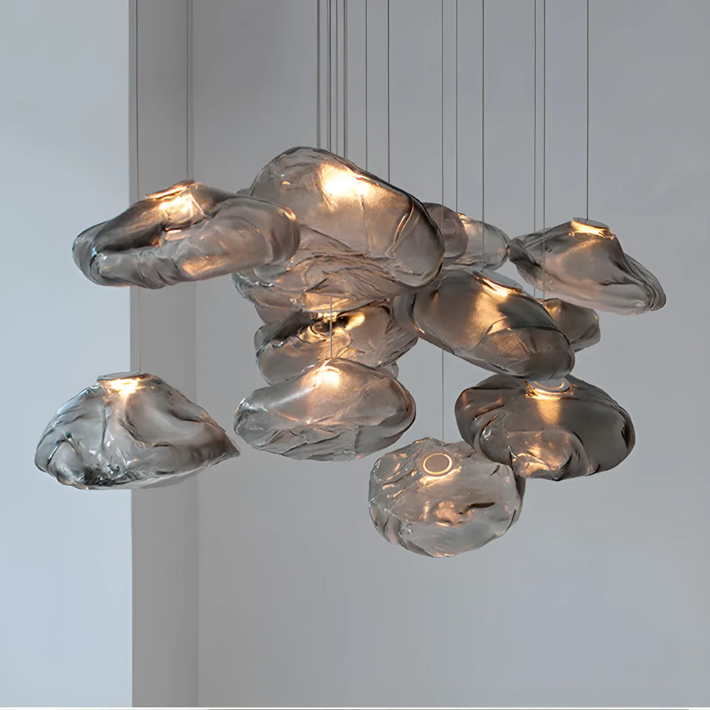 Modern European fabric chandelier with glass shade in amber, clear, or smoke grey colours