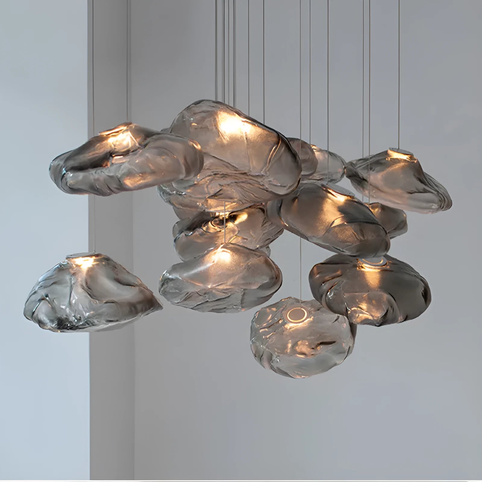 Modern European fabric chandelier with glass shade in amber, clear, or smoke grey colours