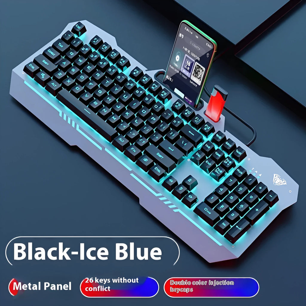 F3010 mechanical keyboard gaming bundle with metal construction and LED lighting in colour box packaging