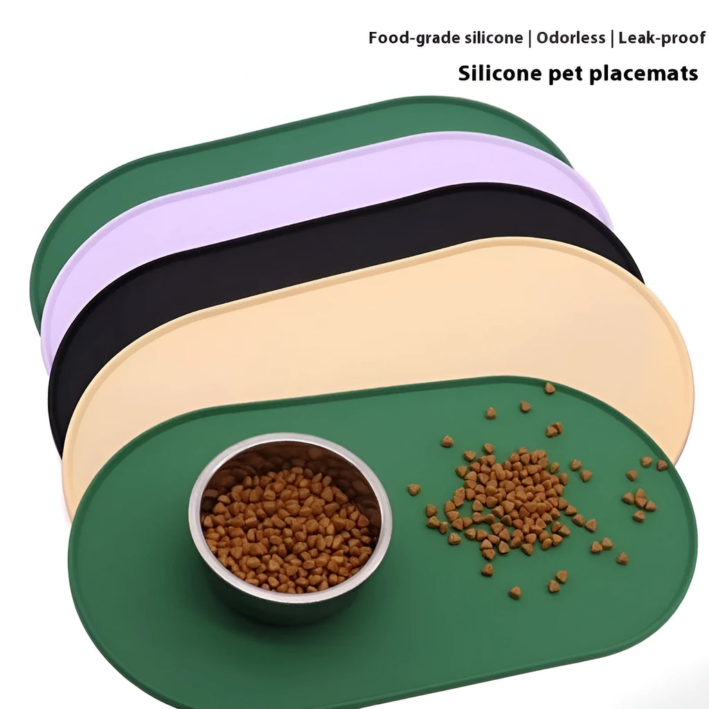 Silicone waterproof placemat for cat food and water bowls in green, beige, black, or purple.