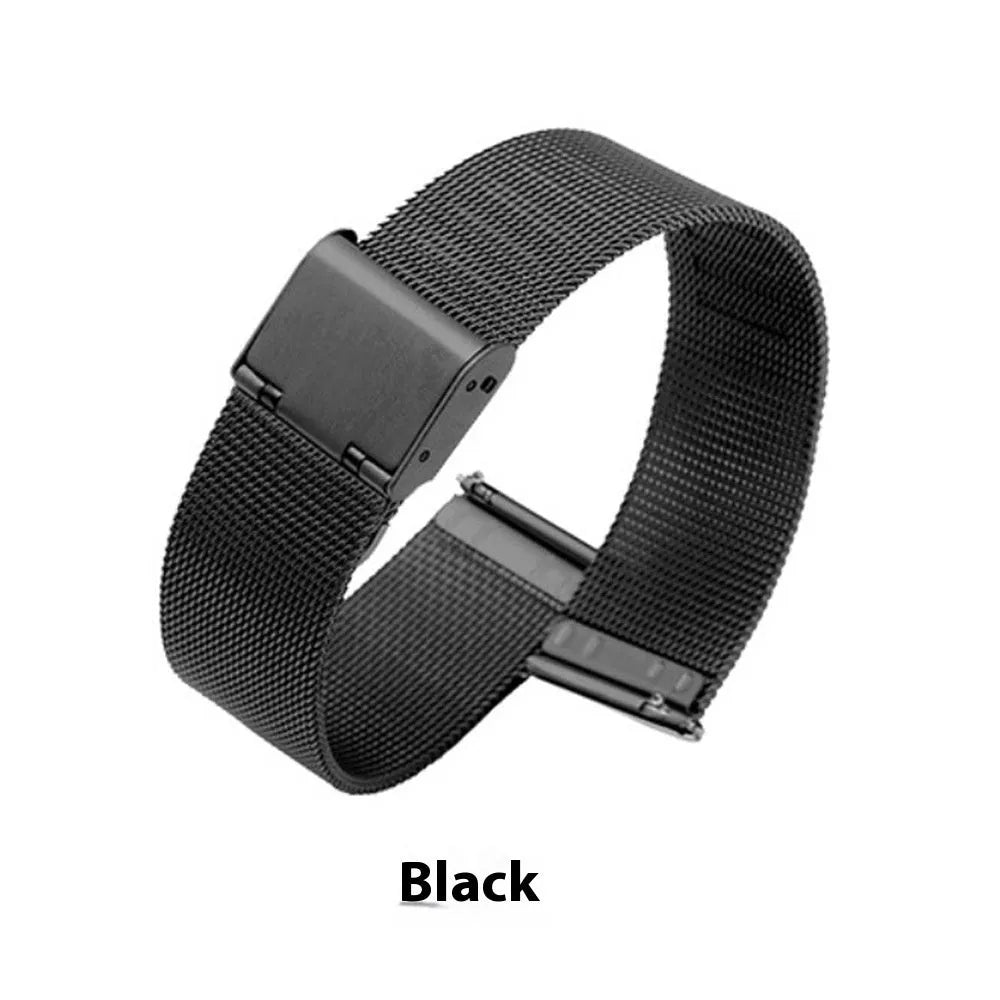 Milani silk woven stainless steel watch band showing multiple width sizes and colour options