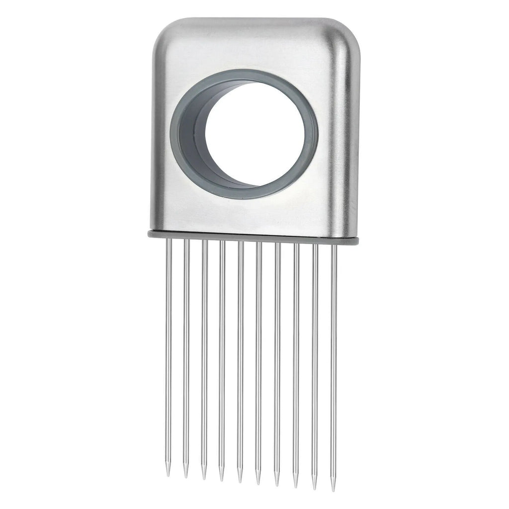 Stainless steel kitchen onion holder slicer with ABS handle measuring 14cm by 9.5cm