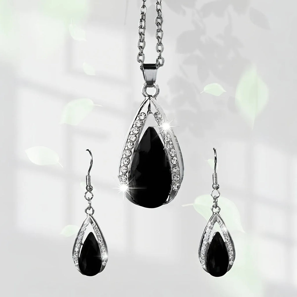 Black and red teardrop glass pendant necklace and matching earrings jewellery set