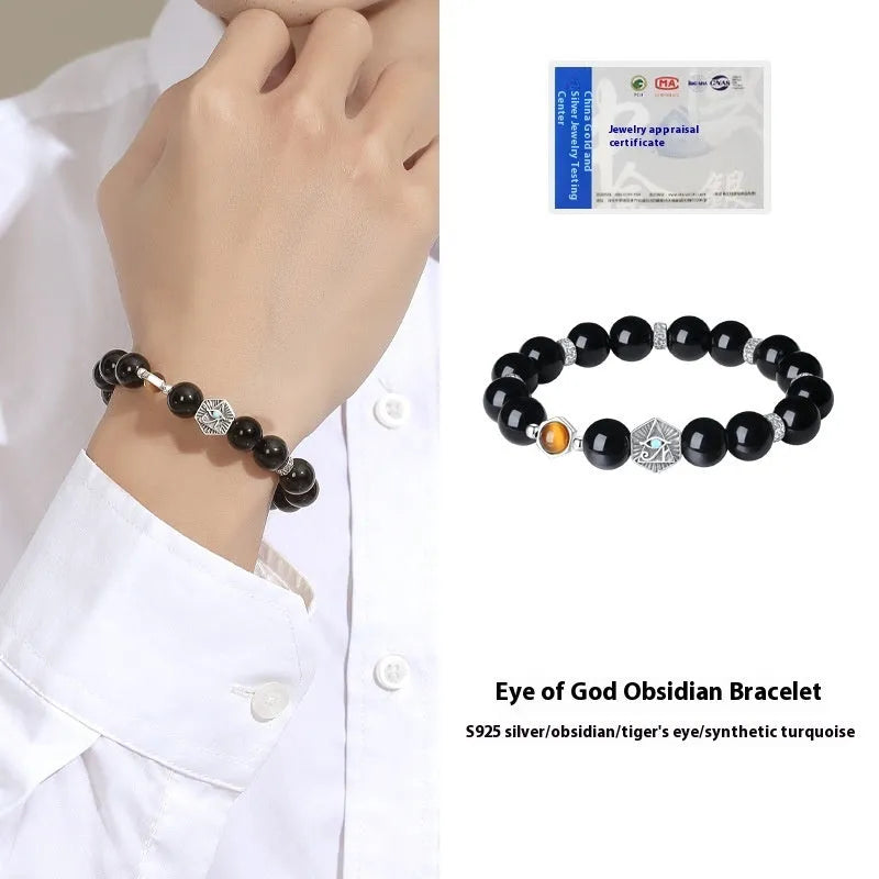 Men's retro geometric S925 silver bracelet with 8mm Tigereye Obsidian God's Eye beads.