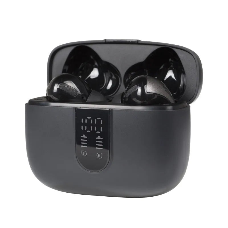 Jerry X08 wireless Bluetooth in-ear headset with digital display and charging case in black colour