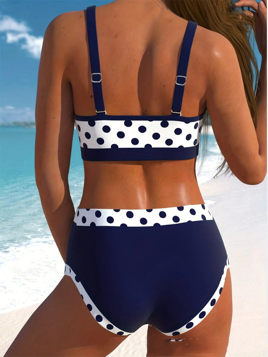Women's conservative swimsuit bikini set with boxer briefs and multicolour wave dot pattern