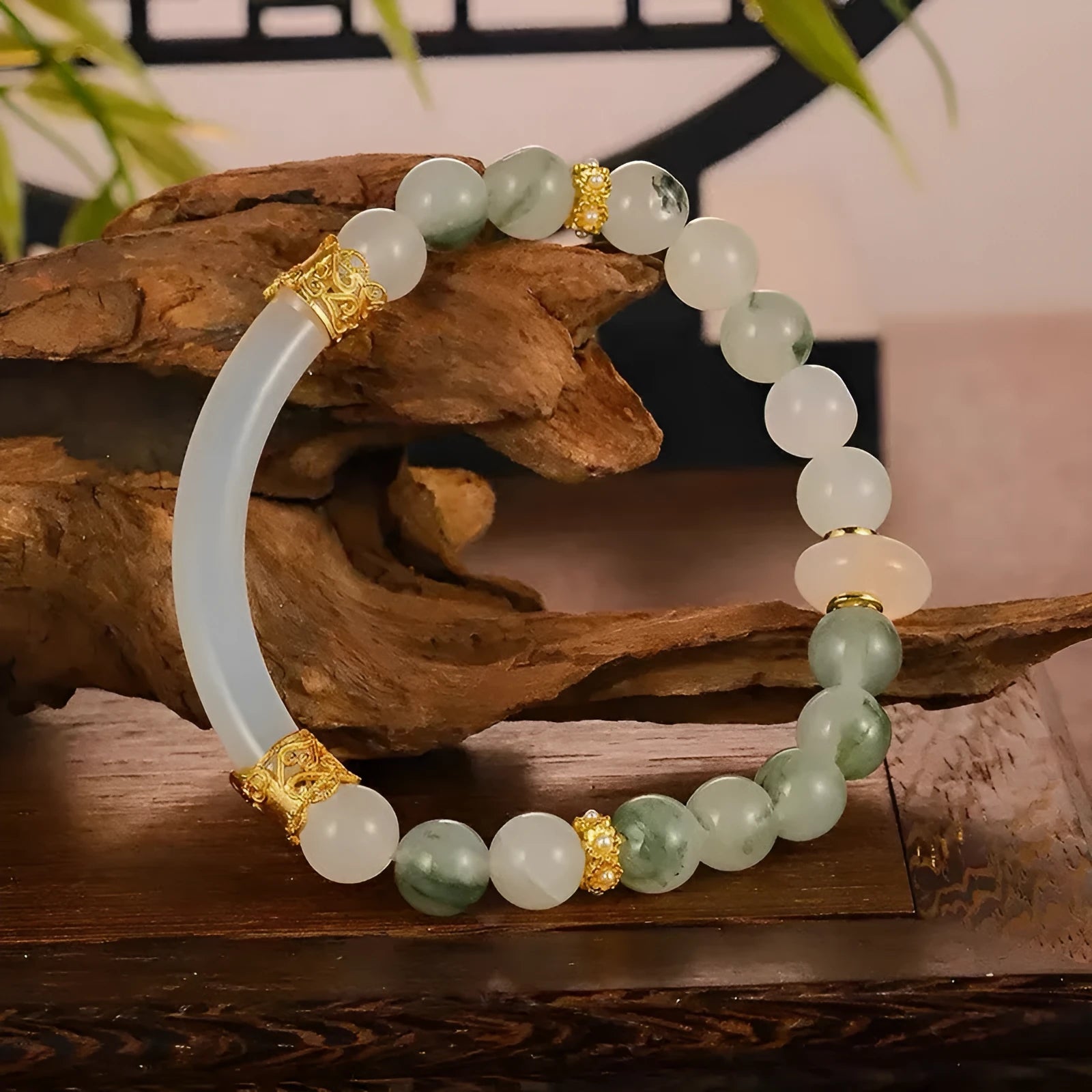 Emerald green Tian Shan Cui jade women's half bracelet with floating flower girl design and round beads