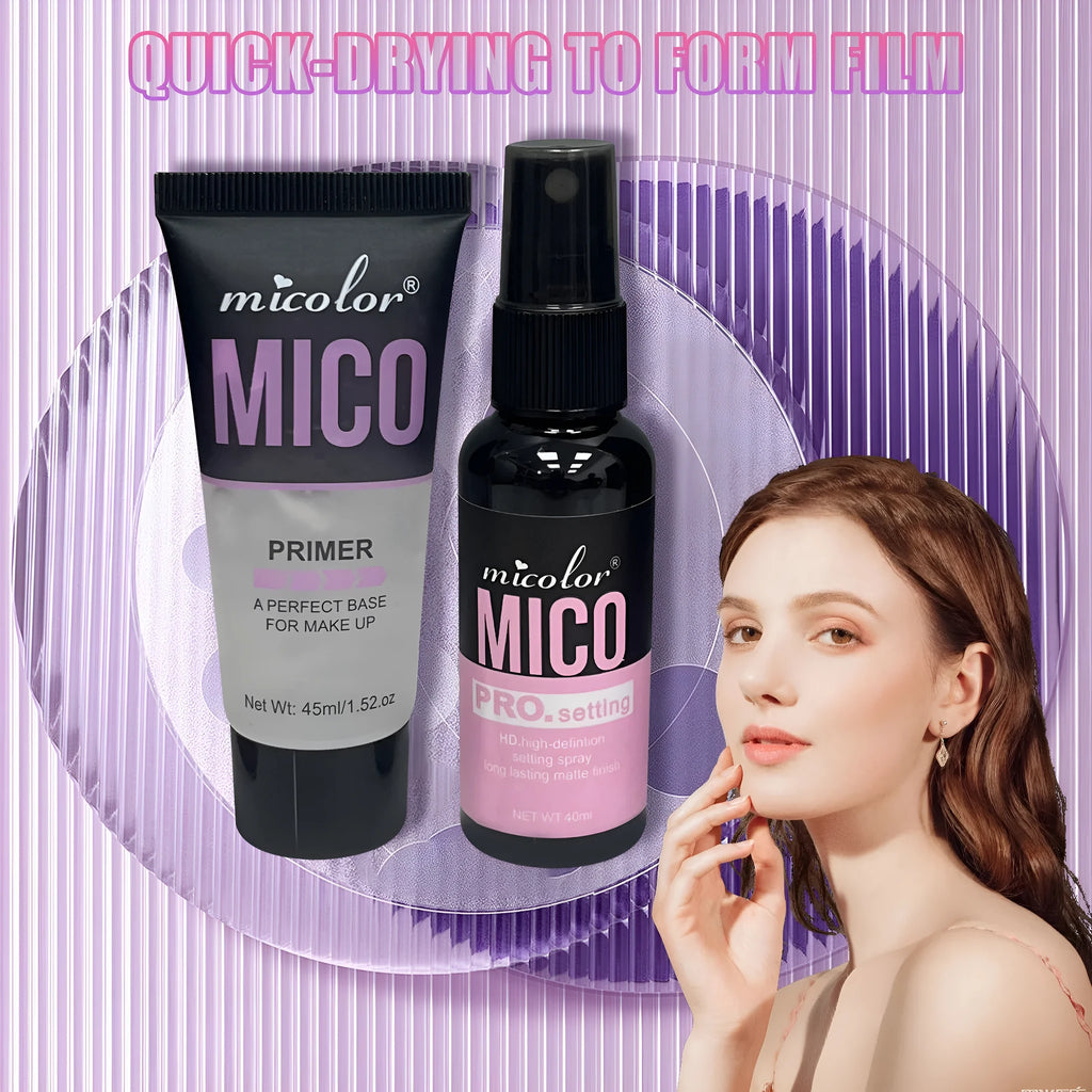 Two make-up spray bottles: 45ml pre-makeup primer lotion and 40ml finishing spray in monochrome design