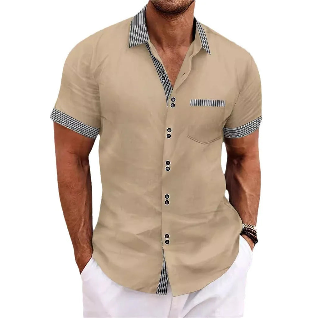 Pure cotton slim fit striped casual shirt with double buttons and short sleeves
