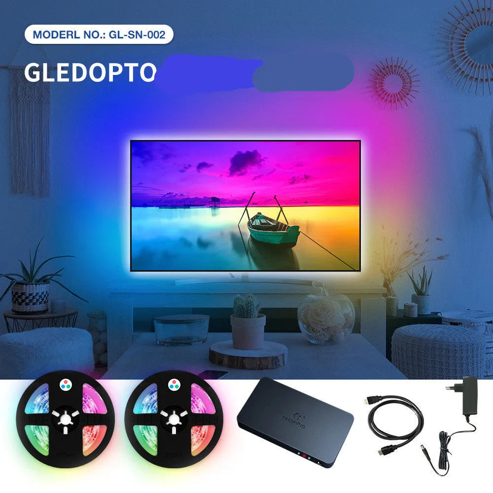 HDMI SYNC RGB LED lighting controller kit with 2 metre light strip, cable, and junction box