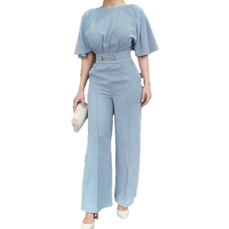 Blue men's polyester business suit with trousers and long-sleeved jacket on a hanger