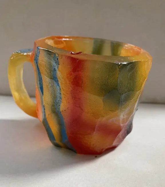 Clear resin coffee mug with crystal texture and handle in assorted colours