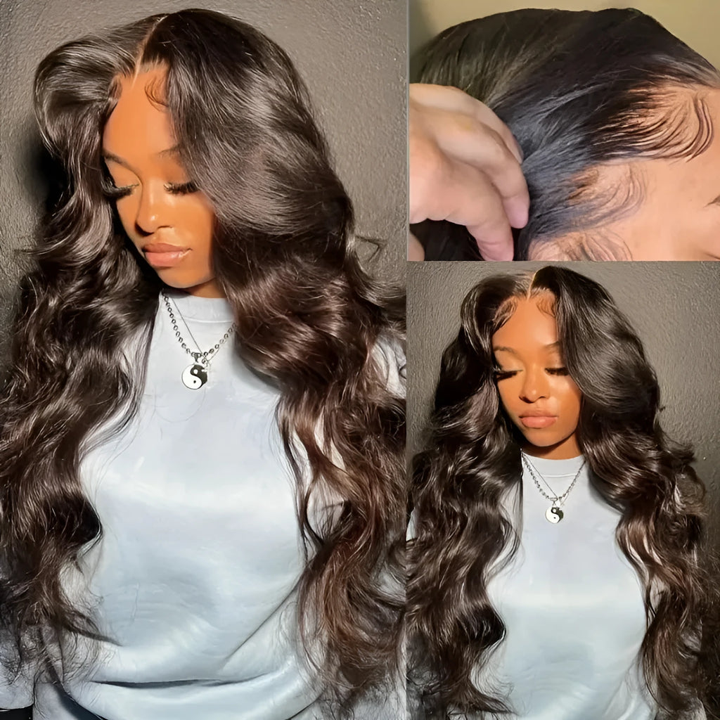 Women's front lace wig with long curly hair and side bangs in LY082 dark brown colour on display