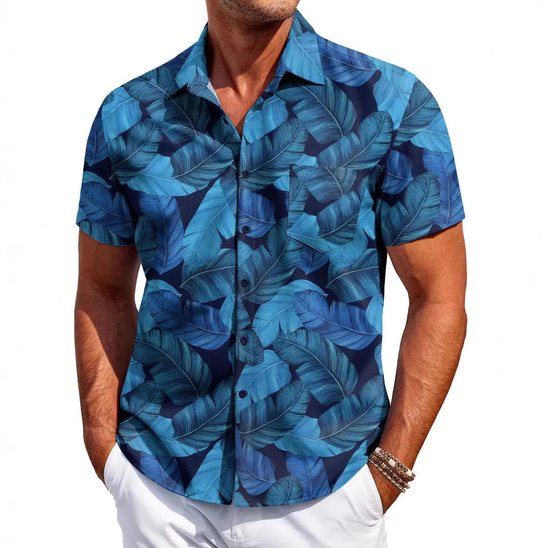 Men's slim fit Hawaiian short sleeve shirt with button-up front and elastic polyester fabric