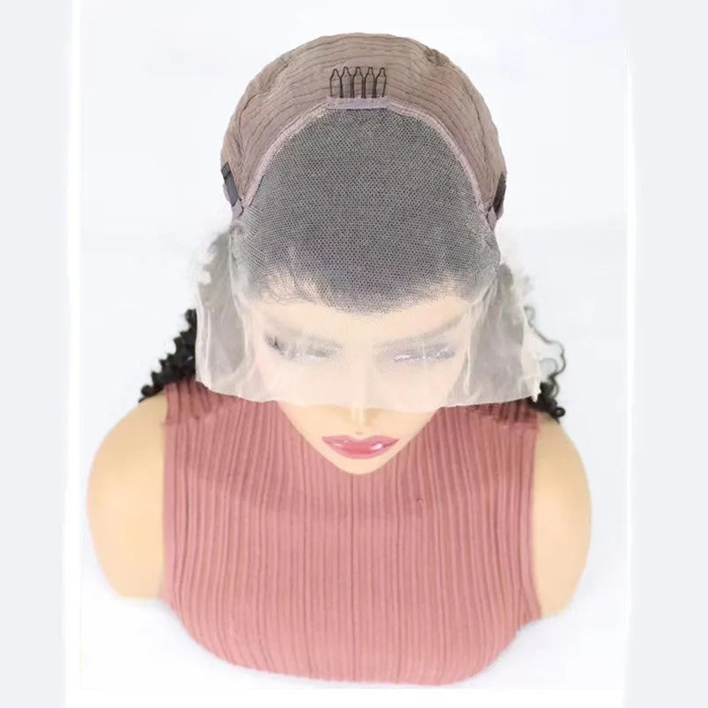 Solid colour half lace front human hair wig on a stand, showing long length options.