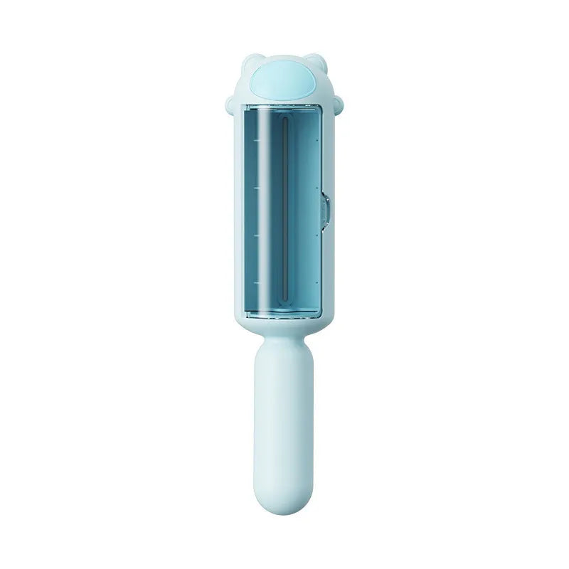 Blue pet hair remover roller with self-cleaning base for furniture and car seats